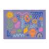 Custom tufted rug with colorful abstract doodle designs on lavender background, featuring fruits, flowers, and geometric shapes, size 7'x10'