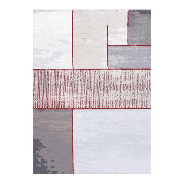 Custom tufted abstract geometric wool rug in gray, white, and red, size 10'x14'