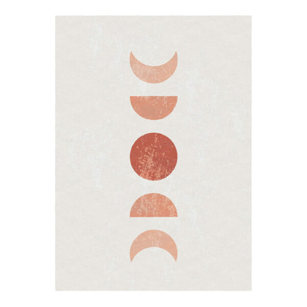 Custom tufted wool rug with abstract moon phases in terracotta and peach, 5'x7'