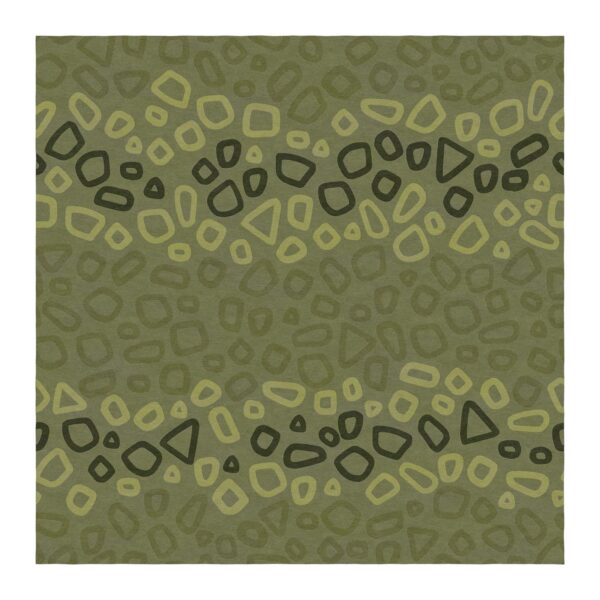 Custom tufted New Zealand wool rug with abstract pebble pattern in green tones, 8'x8' square size