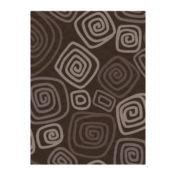 Custom tufted New Zealand wool rug with abstract spiral pattern in brown tones, 9'x12' size