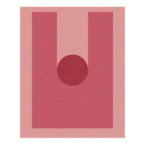 Bold geometric tufted wool rug in pink tones with rectangular and circular design elements, 12'x15'