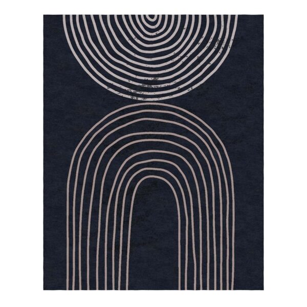 Modern wool rug with geometric arcs and circles in beige on navy blue background