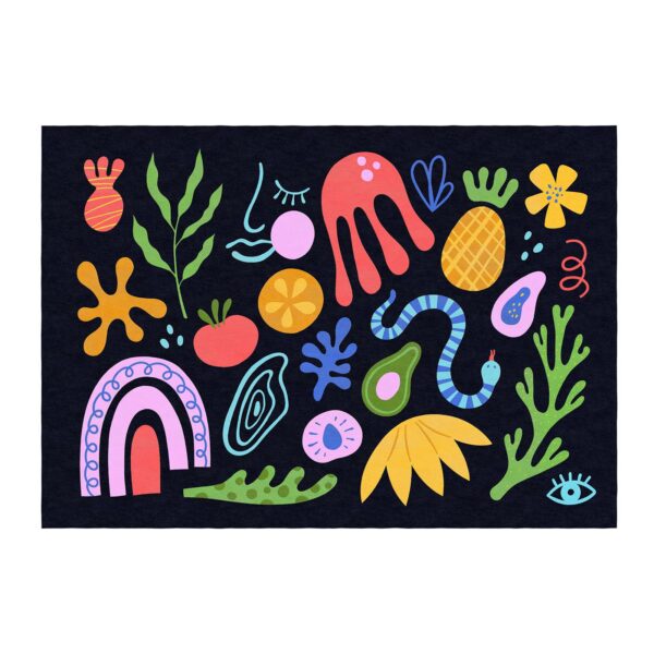 Custom tufted rug with vibrant colorful abstract doodle designs on black background, featuring playful shapes, flora, and fauna, size 7'x10'