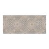 Geometric mandala pattern tufted rug in beige and gray, featuring circular designs andhexagonal elements