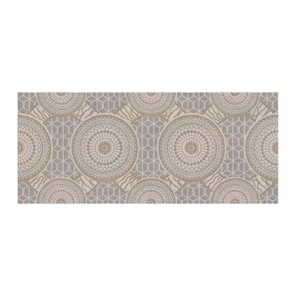 Geometric mandala pattern tufted rug in beige and gray, featuring circular designs andhexagonal elements