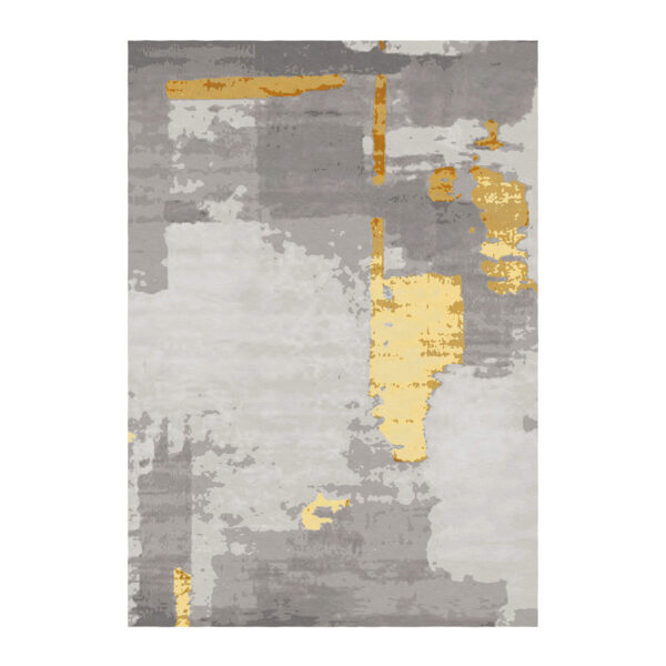 Modern custom tufted wool rug, 7x10 feet, with gold abstract pattern on gray background