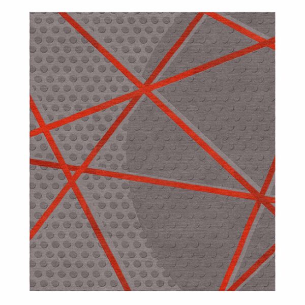 Wool rug with gray dotted background intersected by bold red geometric lines