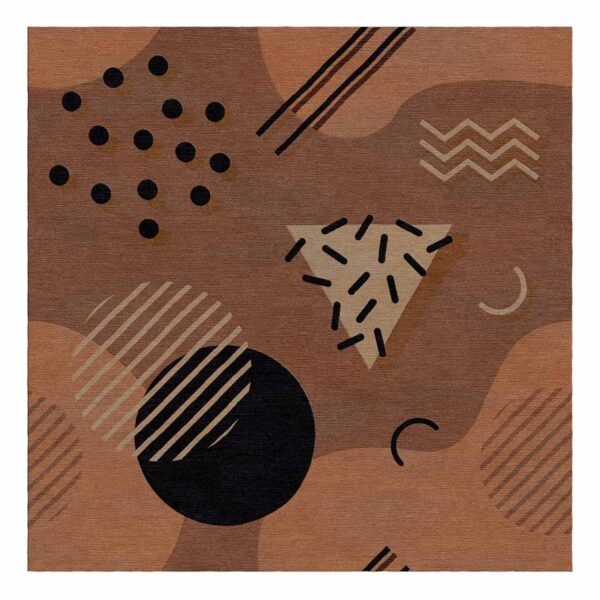 Square wool rug with Memphis-style geometric patterns in shades of brown and black