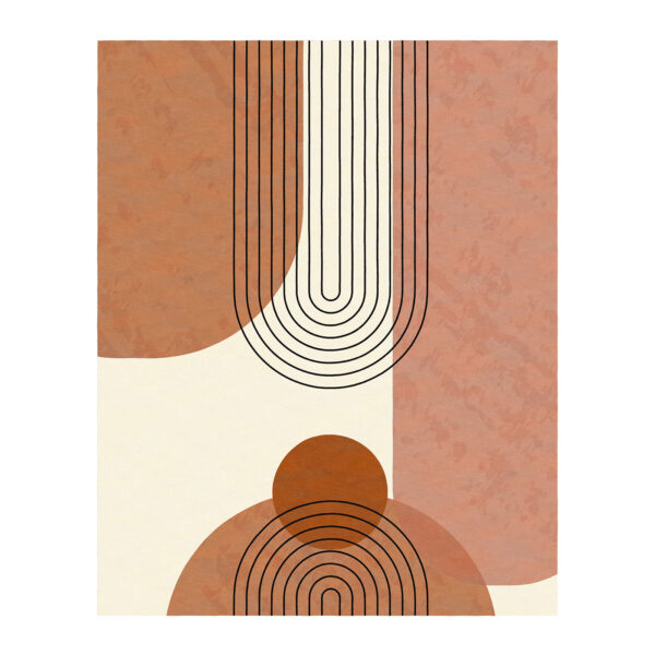 Mid-century modern boho tufted wool rug with minimalist curved lines in terracotta and cream, 8'x10'