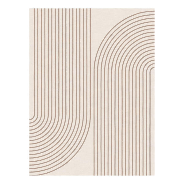 Mid-century minimalist wool rug, 240x300cm, beige curves and lines on cream background