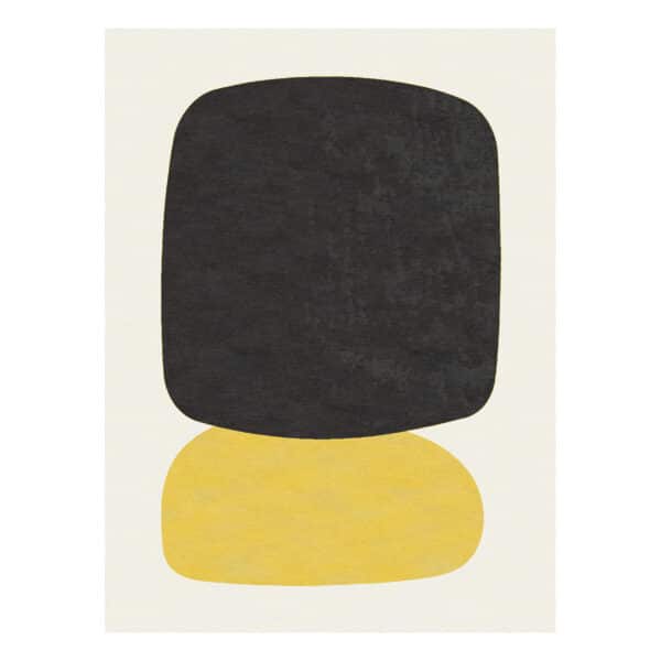 Minimalist abstract wool rug, 300x500cm, large black form over yellow shape on cream background