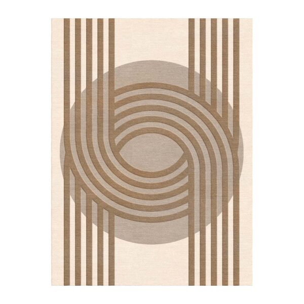 Minimalist wool rug with curved arches and vertical lines in beige and brown tones