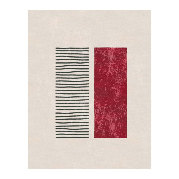 Modernist Duality custom tufted rug, 9x12 feet, abstract red and striped black-white design on cream New Zealand wool