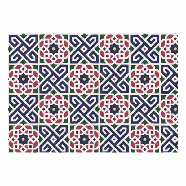 Moroccan-inspired wool rug, 100x140cm, geometric and floral pattern in navy, burgundy, green, and cream