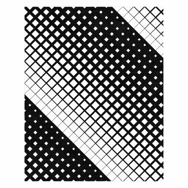 Geometric wool rug with black and white grid pattern transitioning from small to large squares