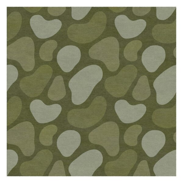 Square wool rug with abstract organic shapes in various shades of green