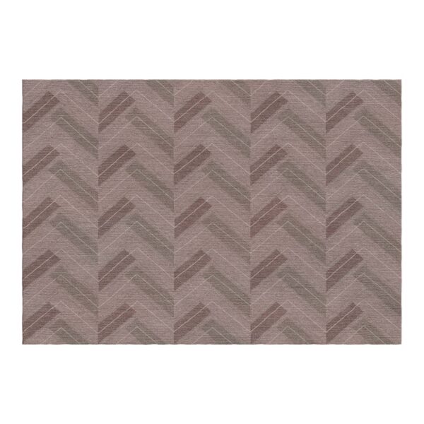 Rectangular wool rug with multi-layered chevron pattern in various shades of taupe