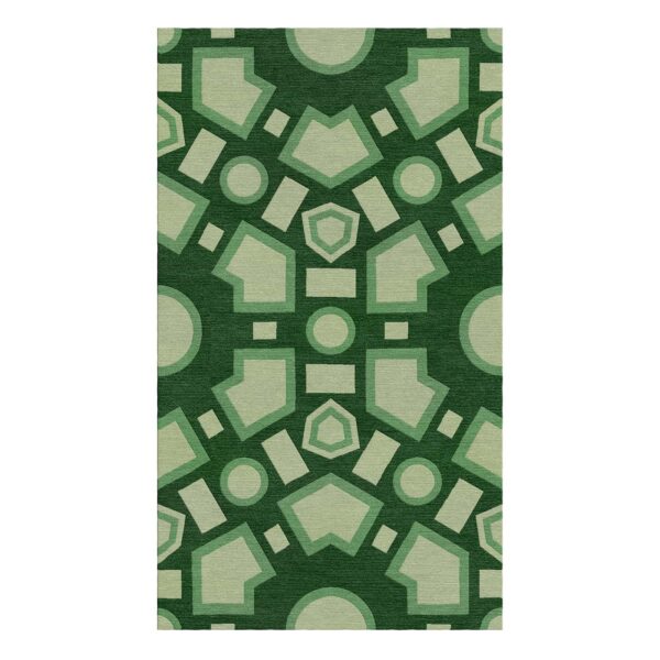 Rectangular wool rug with symmetrical geometric pattern in various shades of green