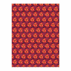 Custom tufted wool rug with 3D cube illusion pattern in red, orange, and purple, 9'x12'