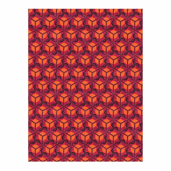 Custom tufted wool rug with 3D cube illusion pattern in red, orange, and purple, 9'x12'