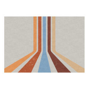 70s retro perspective lines wool tufted rug in orange, rust, blue, and tan, 7'x10'