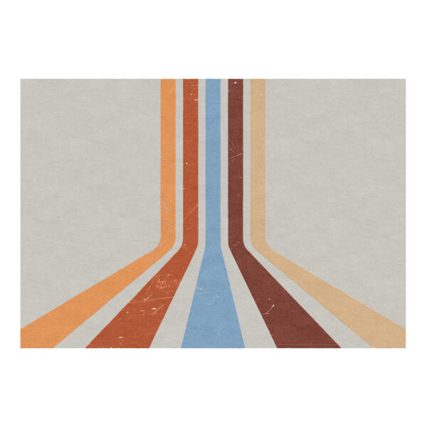 70s retro perspective lines wool tufted rug in orange, rust, blue, and tan, 7'x10'