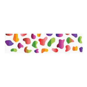 Custom tufted wool runner with colorful abstract fluid shapes on white background, size 3x12 feet