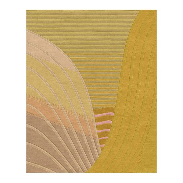 Abstract landscape custom tufted wool rug featuring golden waves and striped patterns, 10'x12'