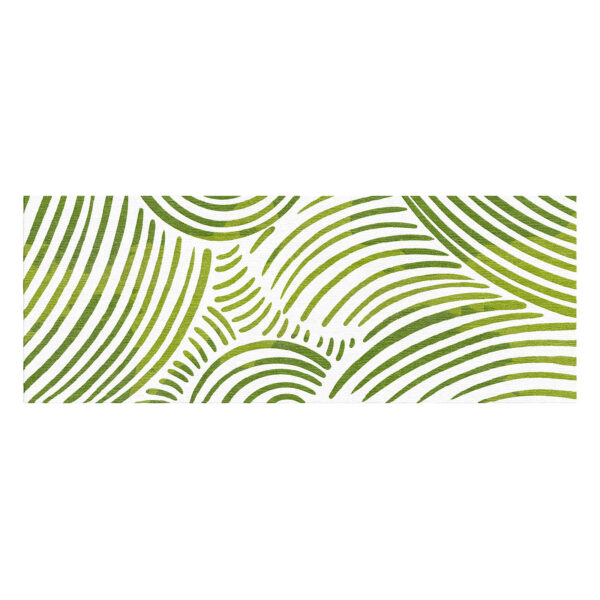 Custom hand-tufted wool runner rug featuring curved abstract line pattern in spring green on white background, 3x8 feet