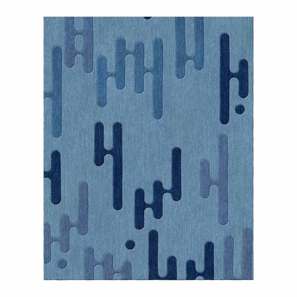 Custom tufted 8x10 rug with abstract blue liquid pattern on light blue background