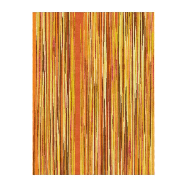 Custom tufted 9'x12' rectangular rug with vertical stripes in shades of amber, gold, and fawn yellow, made from New Zealand wool