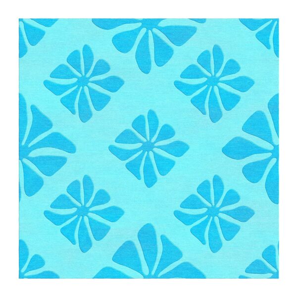 Modern square wool rug with geometric daisy pattern in turquoise and aqua tones, boho contemporary design