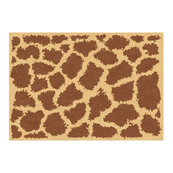 Custom tufted wool area rug with stylized giraffe pattern in warm gold and rich brown, 5 feet by 7 feet