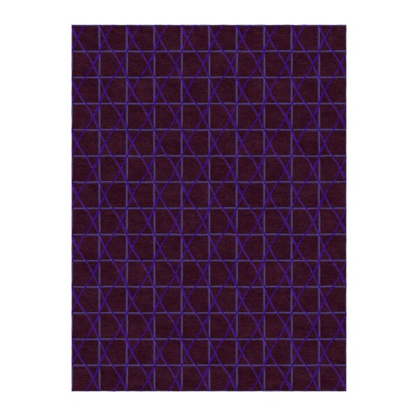 Custom tufted 9'x12' rectangular rug with deep aubergine background and vibrant purple geometric grid pattern, made from New Zealand wool