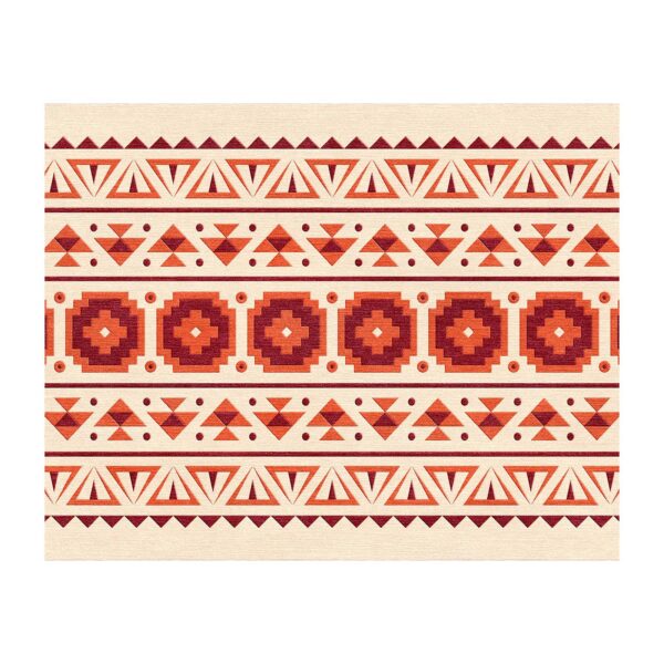 Custom tufted cream rug with terracotta and burgundy Aztec-inspired geometric stripes, 7'x10'