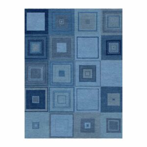 Blue square mosaic pattern custom tufted wool rug, 9'x12', featuring nested geometric design in various shades of blue