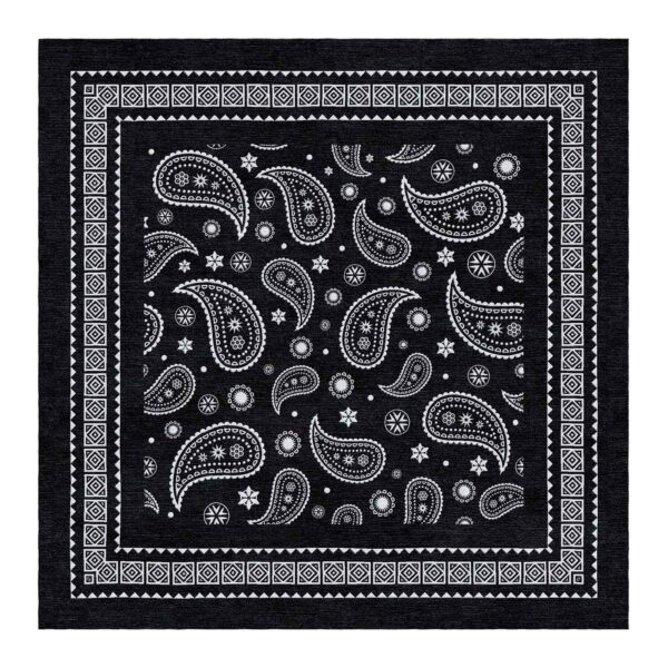 Square wool rug with black and white bandana paisley pattern and geometric border