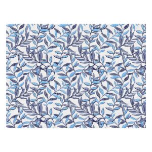 Luxury wool area rug featuring navy and sky blue leaves pattern on white background with flowing branch design