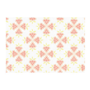 Custom tufted white rug with coral floral lattice and yellow accents, 7'x10'