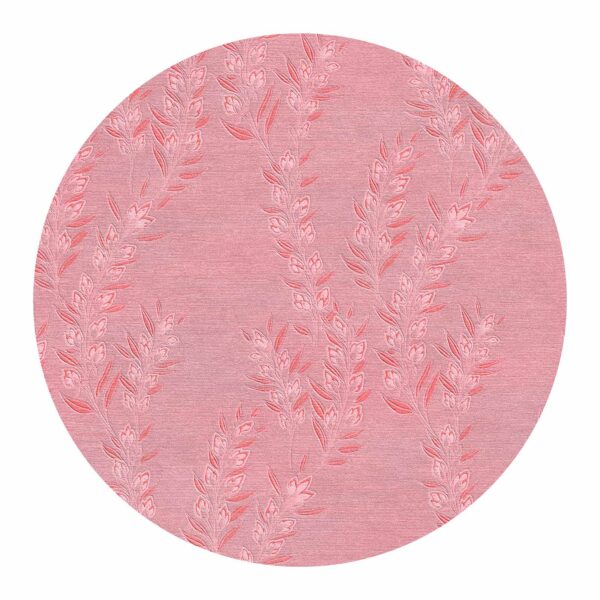 Round blush pink wool tufted rug with delicate climbing floral branches pattern, 8 foot diameter