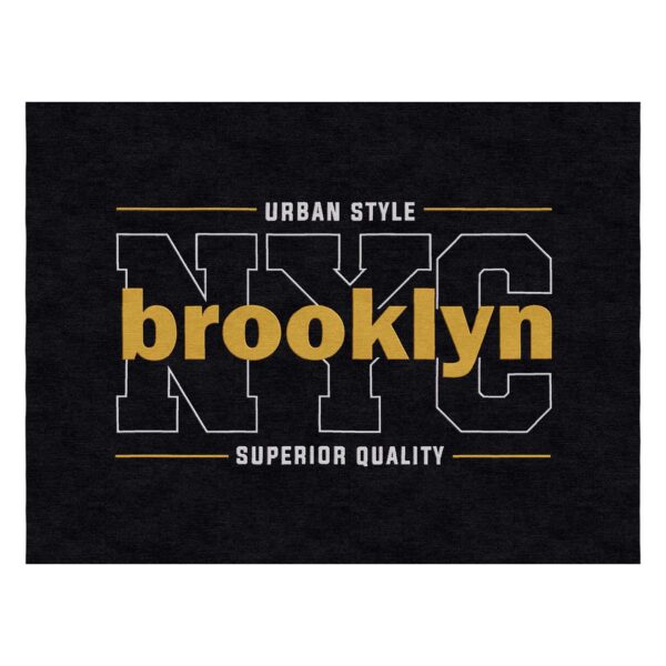 Urban style typography area rug with gold Brooklyn text on black background with white NYC outline