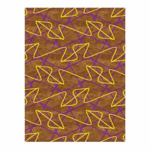 Brown wool rug with yellow and purple geometric pattern, size 9'x12'