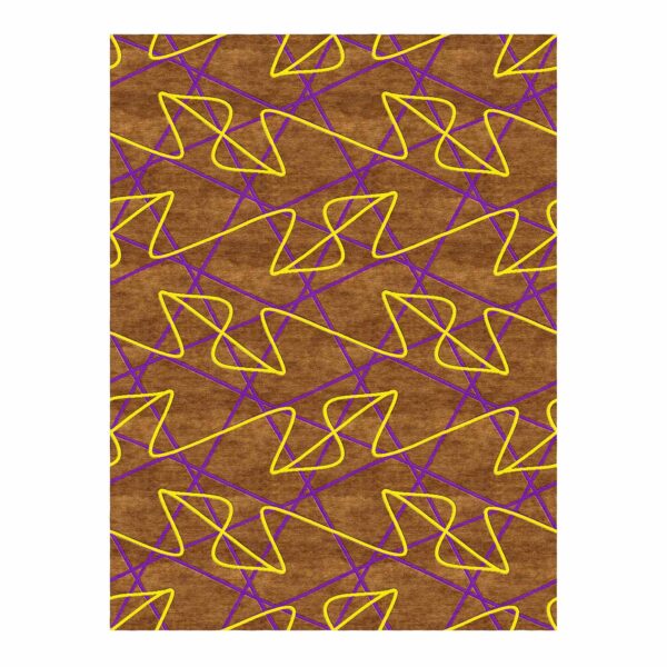 Brown wool rug with yellow and purple geometric pattern, size 9'x12'