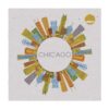 Chicago circular skyline tufted wool rug, 10x10 feet, featuring colorful stylized buildings arranged in a sun-like pattern