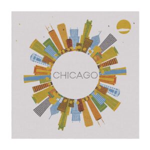 Chicago circular skyline tufted wool rug, 10x10 feet, featuring colorful stylized buildings arranged in a sun-like pattern