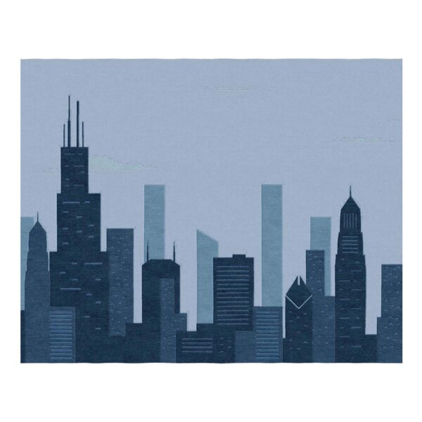 Chicago skyline custom tufted wool rug featuring detailed cityscape in various shades of blue on light blue background