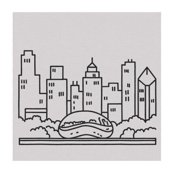 Chicago skyline mono line art tufted wool rug, 4x4 feet, featuring black outline of city buildings and Cloud Gate sculpture on light gray background