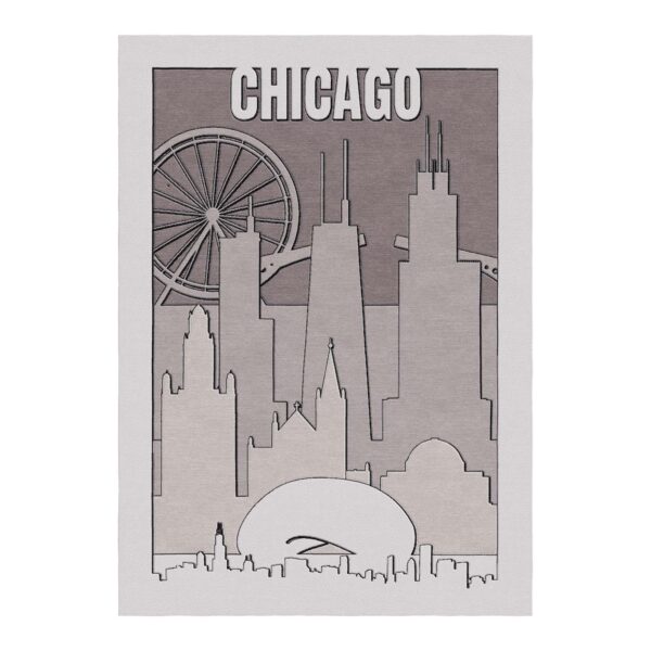 Chicago skyline custom tufted wool rug featuring iconic landmarks in grayscale tones