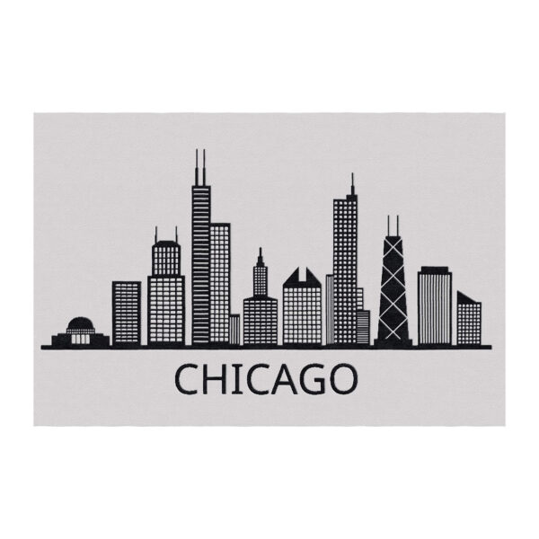 Chicago skyline custom tufted wool rug featuring iconic landmarks in black silhouette on white background